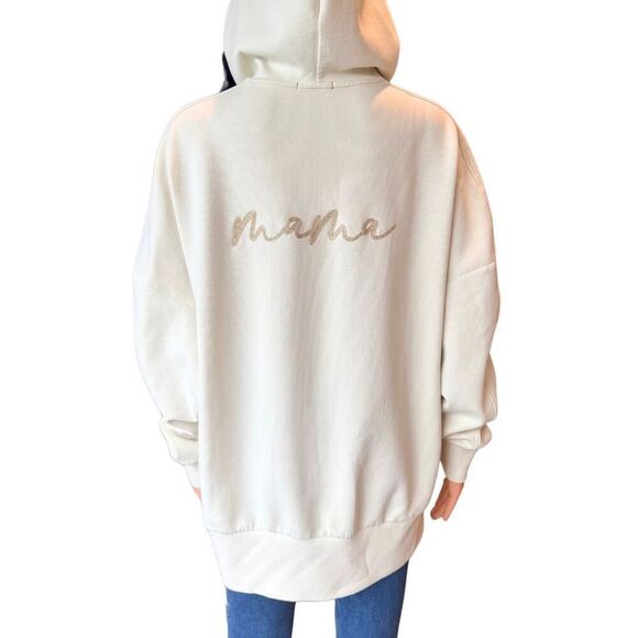 Le La Lo Cream Beige Mama Embroidered Full Zip Hooded Sweatshirt Medium NWT $75 - Picture 1 of 5